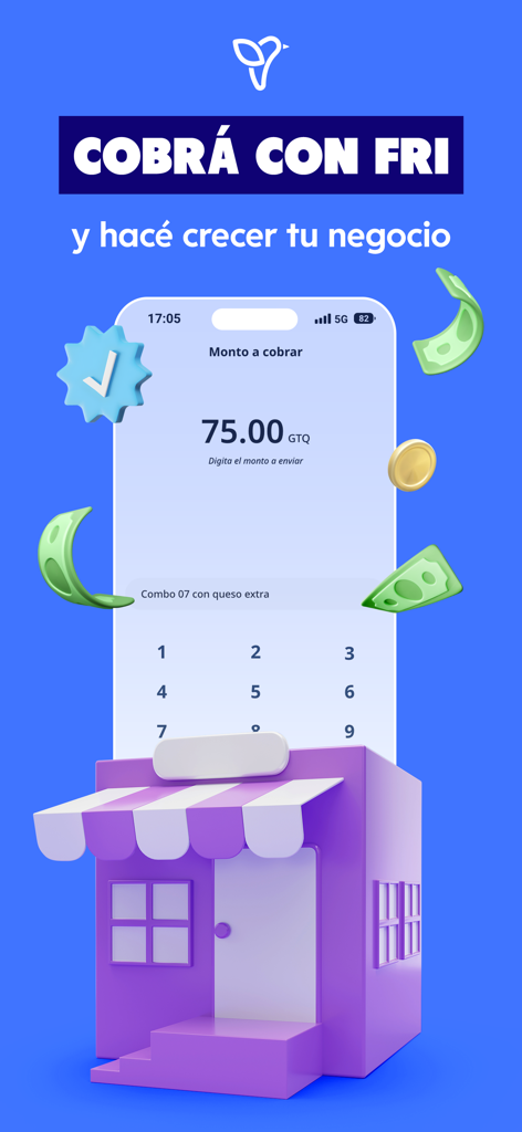 fri Negocios - Pantalla de smartphone mostrando un pago de 75 GTQ con el logo de fri Negocios y un ícono de tienda morada.
