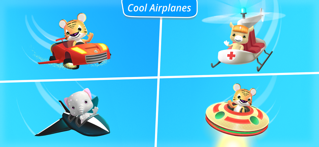 McPanda: Super Pilot Kids Game - Animal characters piloting various colorful aircraft like a rescue helicopter and a UFO in McPanda Super Pilot