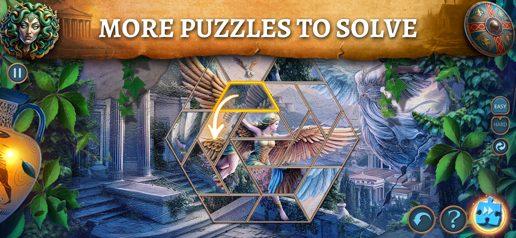 Mystery of Myth: Hidden Object - Mosaic tile puzzle gameplay featuring an angelic figure in Mystery of Myth