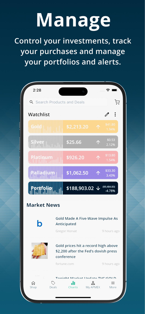 APMEX app manage screen showing precious metal prices and investment portfolio tracking