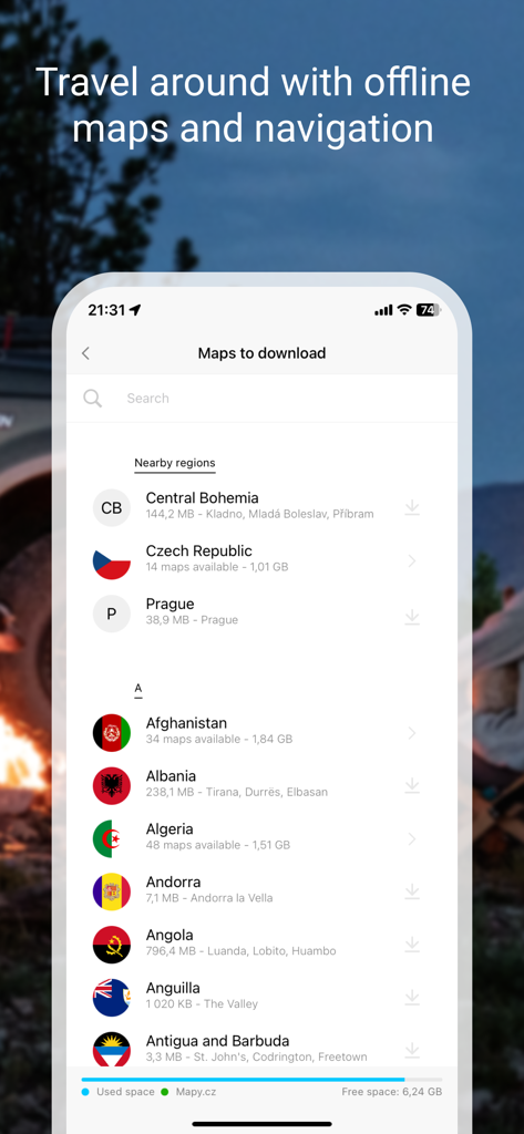 Mobile screen showing global offline maps available for download in Mapy.com app