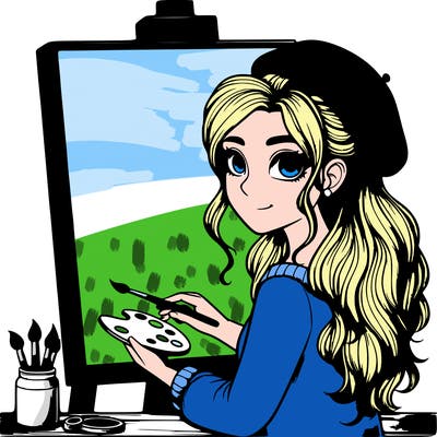 realistic girl artist painting a blank canvas