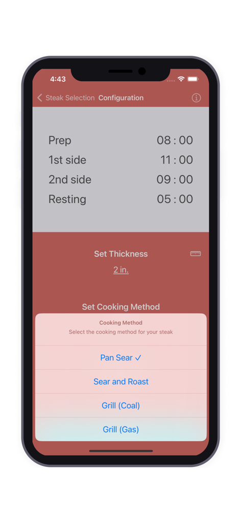 Pantalla de configuración de la aplicación Steak Timer mostrando tiempos de cocción y selección de método.