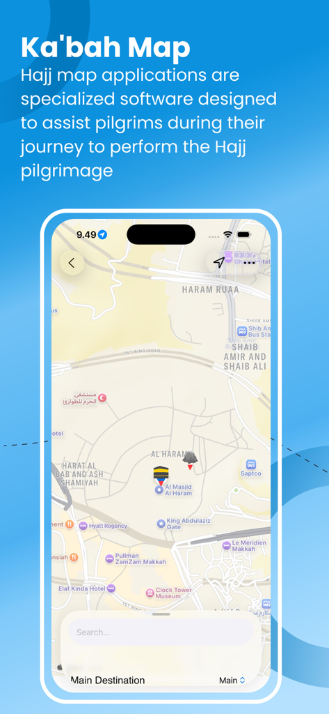 Screenshot of the Ka'bah Map app showing an interactive map of Al Masjid Al Haram in Makkah for Hajj pilgrims.