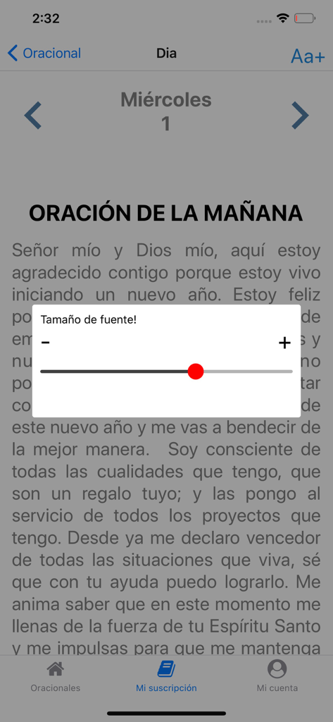 El Man Está Vivo - Una pantalla de la app El Man Esta Vivo mostrando una oración matutina diaria con una ventana emergente de ajuste de tamaño de fuente