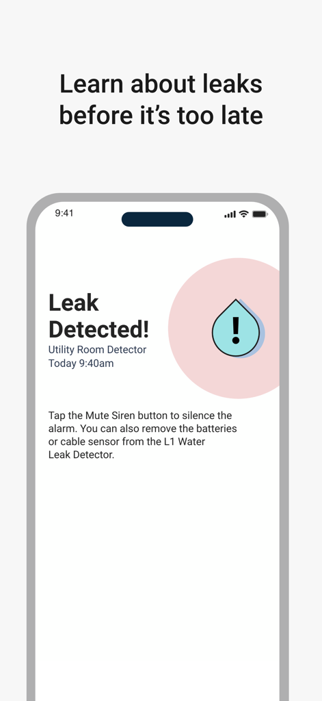 First Alert by Resideo - First Alert app interface showing a water leak detection alert for a utility room with an icon of a water drop and an exclamation mark.