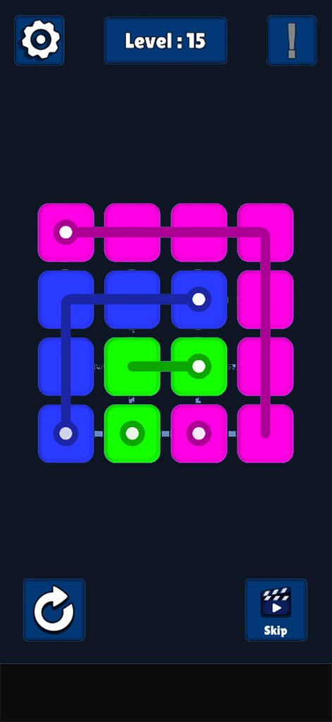 Color Box Connect - Gameplay screen of Color Box Connect showing pink, blue, and green lines connecting matching dots on a grid level 15