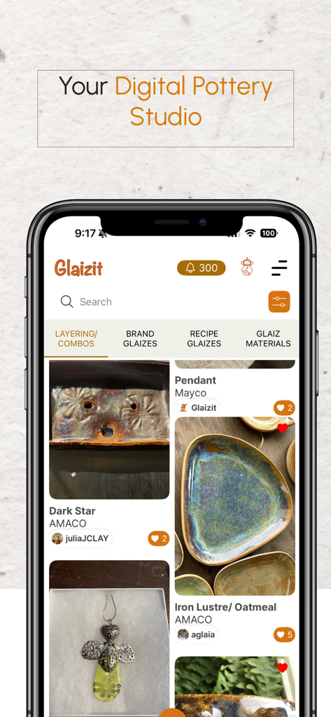 Glaizit – Smart Pottery Hub - Glaizit mobile app interface showing a feed of pottery glaze combinations and ceramic projects