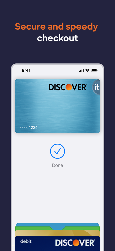 A smartphone screen displaying a successful mobile payment with a Discover credit card using Apple Pay.