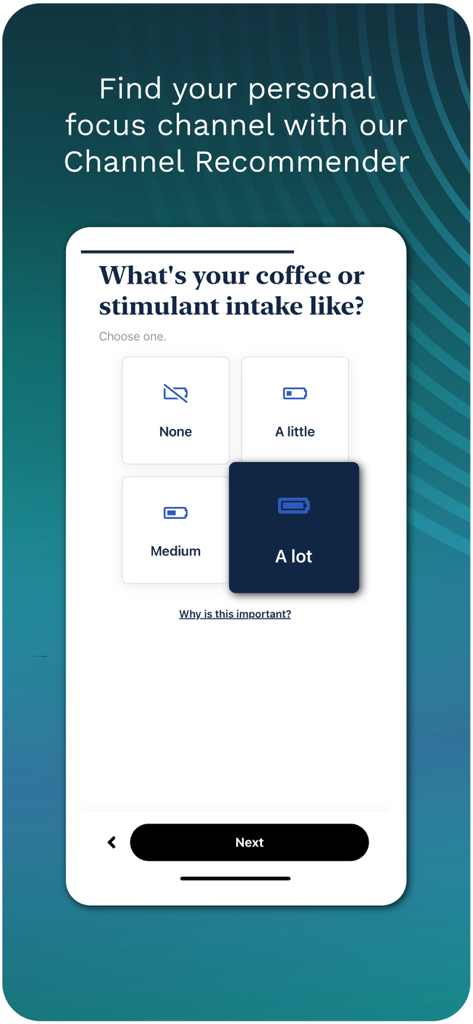 Focus@Will: Control Your ADD - Focus@Will app stimulant intake quiz screen for personalizing focus music