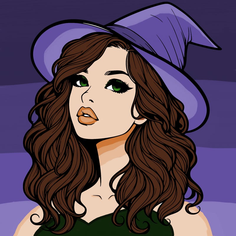 realistic witch girl with wavy hair and lips