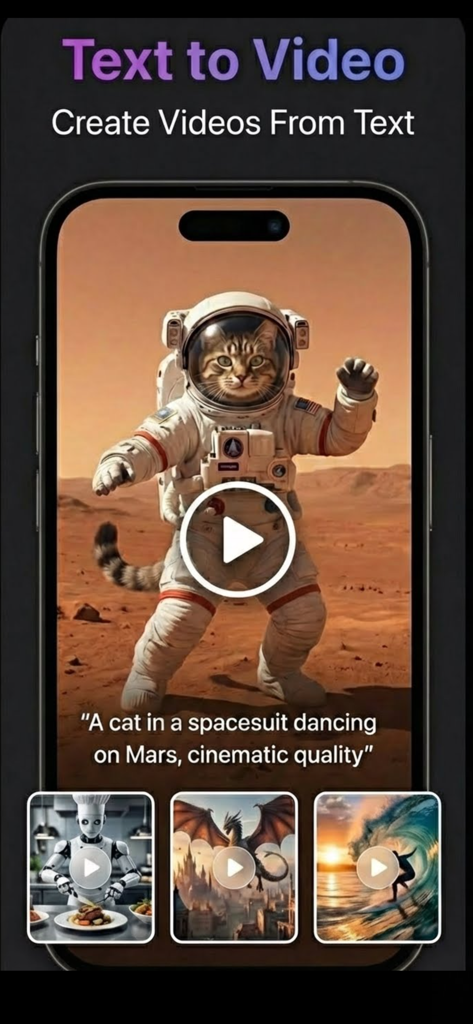 AI Video Generator Video AI - Bildschirm der KI-Videogenerator-App, die die Text-zu-Video-Funktion mit einem filmreifen Clip einer Katze im Raumanzug auf dem Mars zeigt.