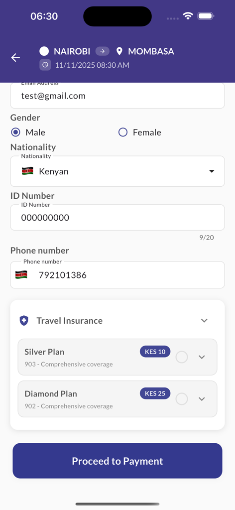 Travler - The passenger details and travel insurance selection screen of the Travler bus booking app showing fields for nationality gender and ID number