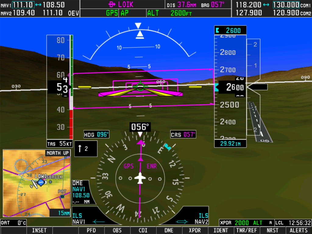 Pantalla de vuelo primaria Simionic G1000 mostrando instrumentos de vuelo y visión sintética