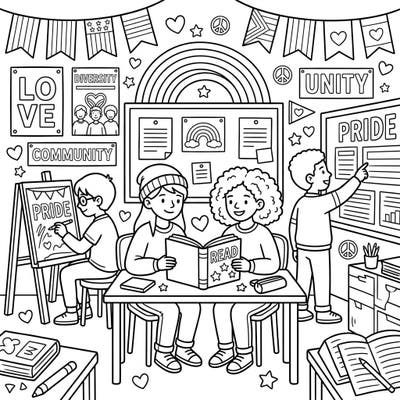Engage young minds with this vibrant coloring page depicting children learning in a classroom adorned with Pride Month themes. It's a wonderful way to celebrate diversity, love, and community through creativity.