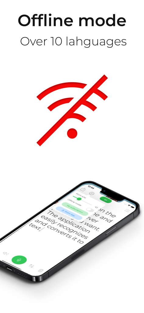 Uno smartphone che mostra l'interfaccia dell'app Transcribe Live con un simbolo Wi-Fi barrato di rosso che indica la funzionalità in modalità offline