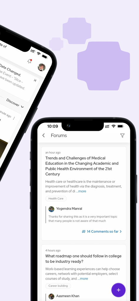 pod.ai - Pod.ai mobile app screen showing student forum discussions about medical education trends and career roadmaps