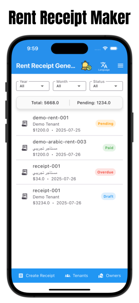 Rent Receipt Maker: House Rent - Mobile app dashboard for Rent Receipt Maker displaying a list of rent receipts with status labels like Paid, Pending, and Overdue.