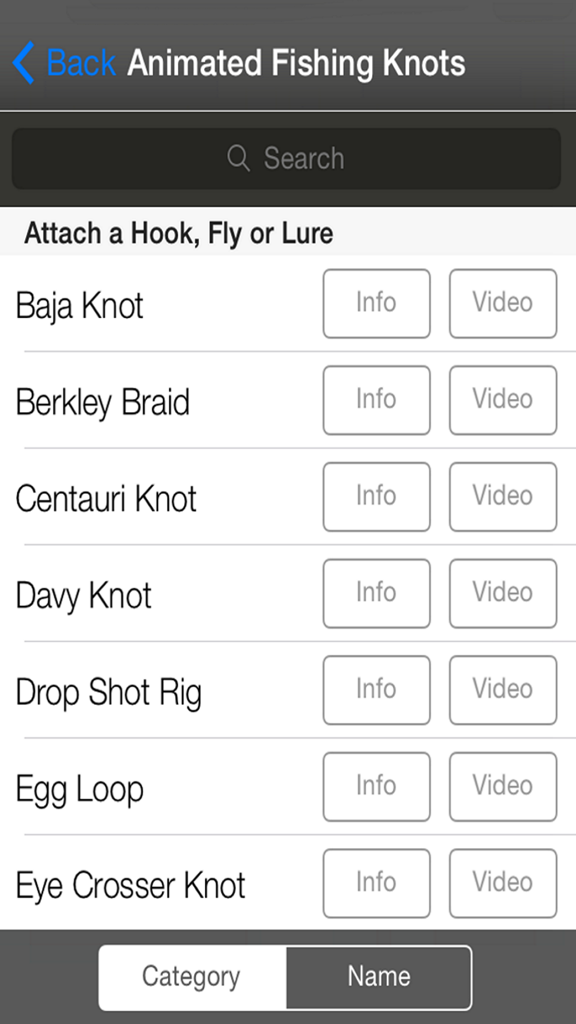 Animated Fishing Knots - List of fishing knots in the Animated Fishing Knots mobile app interface