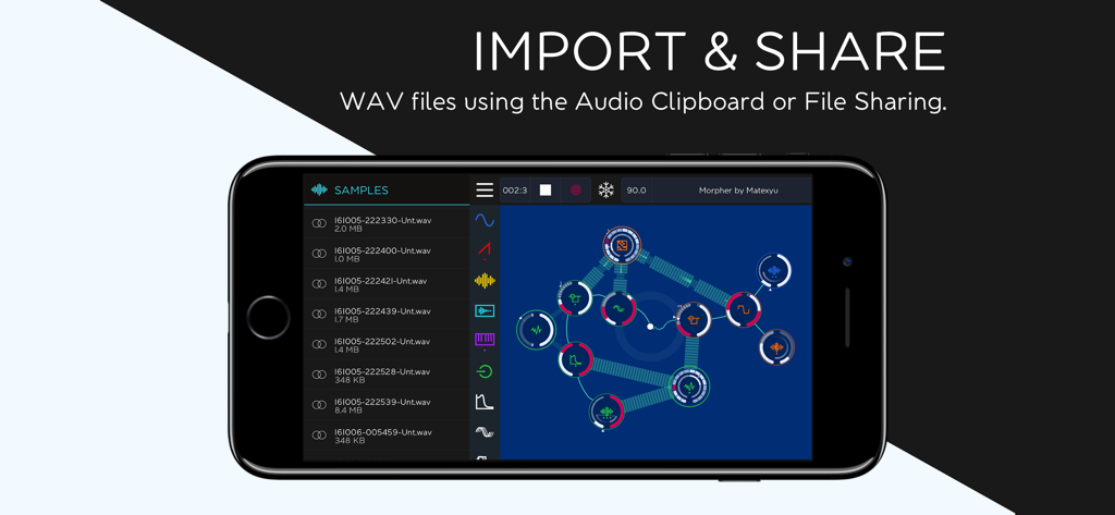 ROTOR app interface displaying a list of WAV audio samples and a modular synthesis graph.