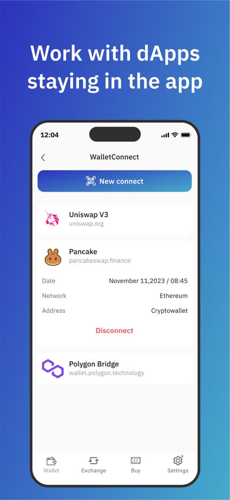 IronWallet App-Bildschirm, der die WalletConnect-Integration mit den dezentralen Anwendungen Uniswap und PancakeSwap zeigt