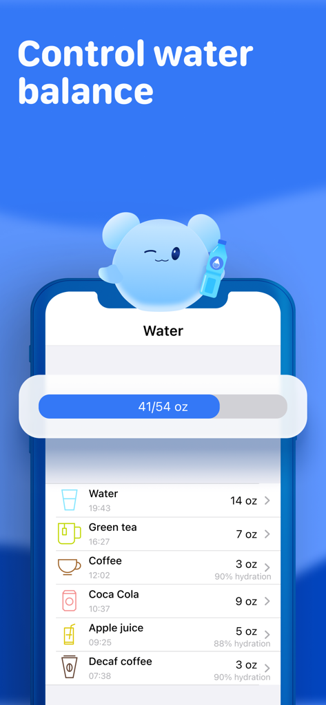 Mobile app interface showing water intake progress and a list of logged beverages including water, tea, and coffee.