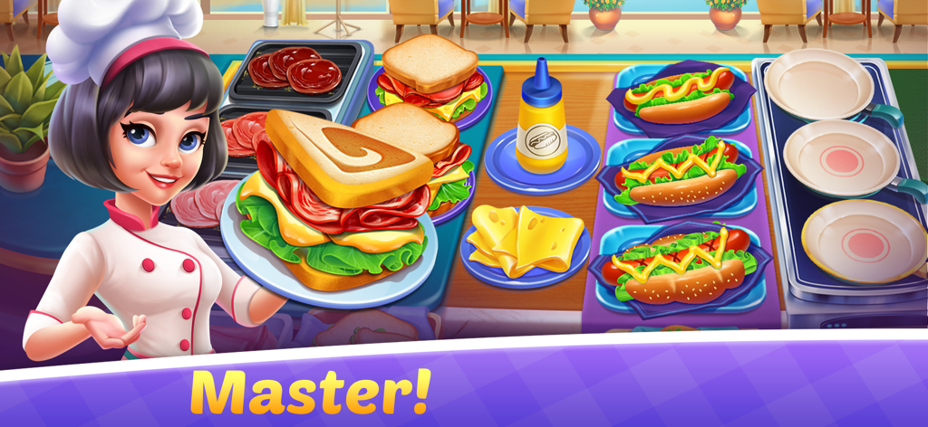 A smiling female chef presenting a large sandwich and hot dogs in a kitchen station from Cooking Train Food Games