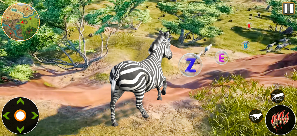 ABC Animal Game: Word Collect - Un personaje de cebra 3D recolectando burbujas de letras en un entorno de sabana en un juego de recolección de palabras.