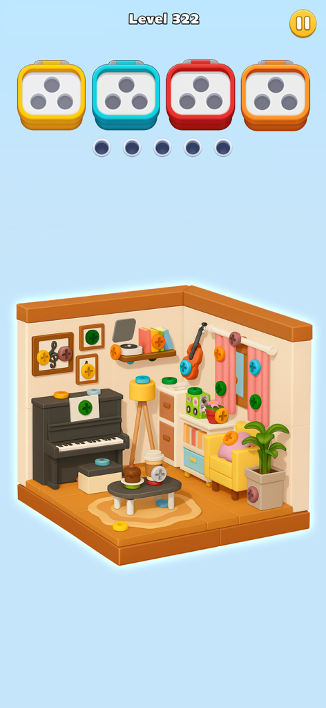 Bolts Off: Screw 3D Master - Gameplay of Bolts Off showing a 3D miniature room puzzle with colored screws to sort into collection boxes