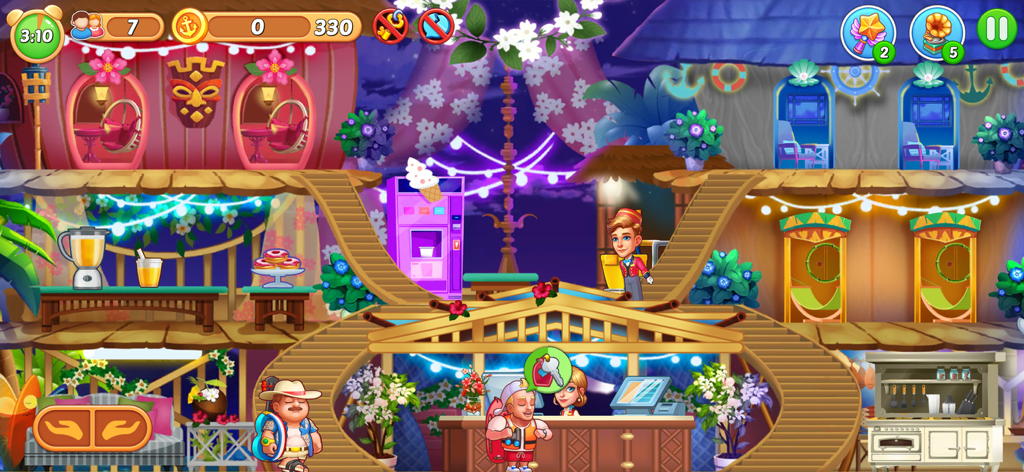 Captura de pantalla colorida del juego que muestra el resort isleño tropical de varios niveles en My Hotel Grand Guest Mania