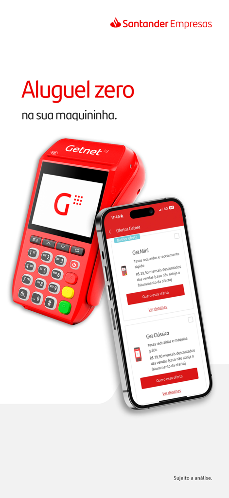 Aplicación móvil Santander Empresas mostrando ofertas promocionales para terminales de tarjetas Getnet con cero alquiler.