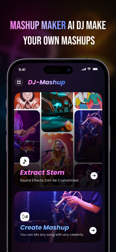 DJ Whisk AI - Make Mashup Song - Interface of the DJ Whisk AI app showing Mashup Maker and Extract Stem features.