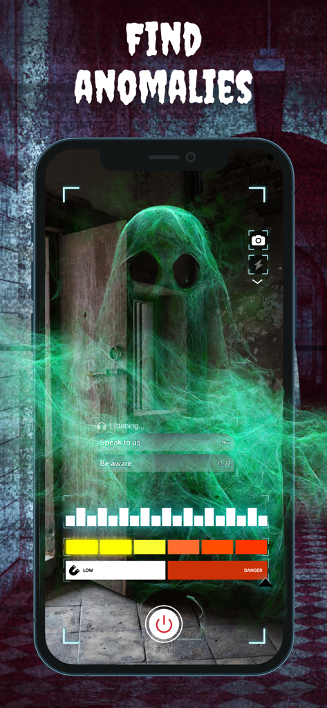 Ghost Detector - Spirit Box - Smartphone screen showing a green spectral ghost figure and paranormal detection sensors within the Ghost Detector app