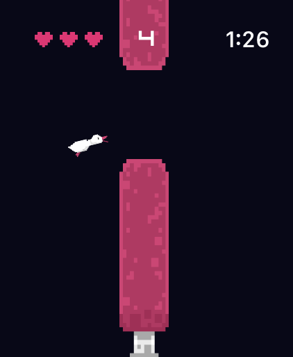 Pixel art gameplay of Flappy Duck with a white bird and pink obstacles