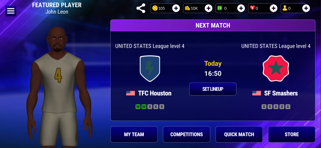 Spike Masters 3D Volleyball - Spike Masters 3D Volleyball menu screen showing the next match between TFC Houston and SF Smashers