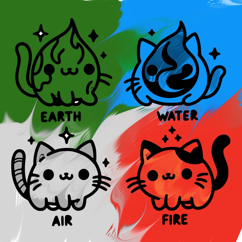 4 cats that represent the different elements, earth, water, air, and fire