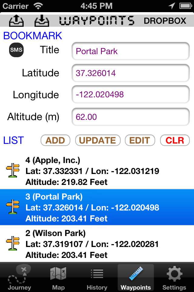 iTracker app screen showing waypoint bookmarking with GPS latitude longitude and altitude data
