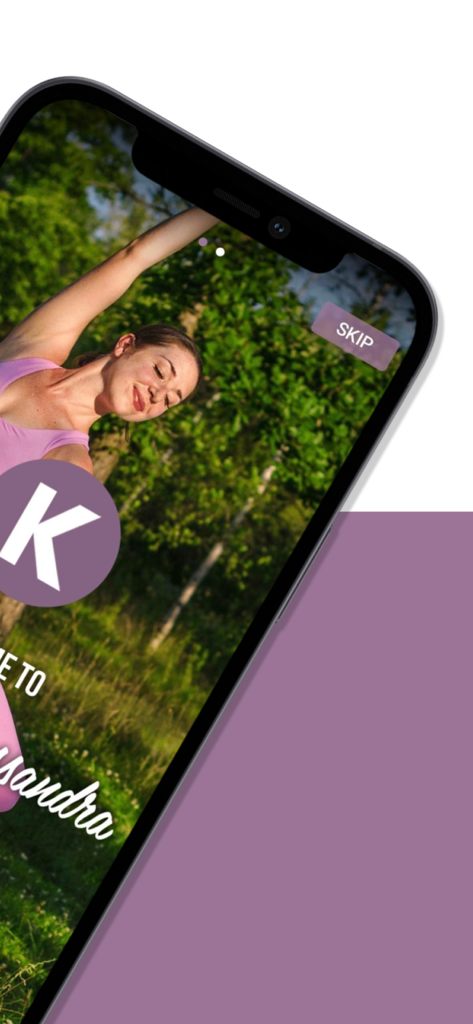 Yoga with Kassandra - Smartphone screen showing the onboarding interface of the Yoga with Kassandra app with an instructor practicing yoga outdoors