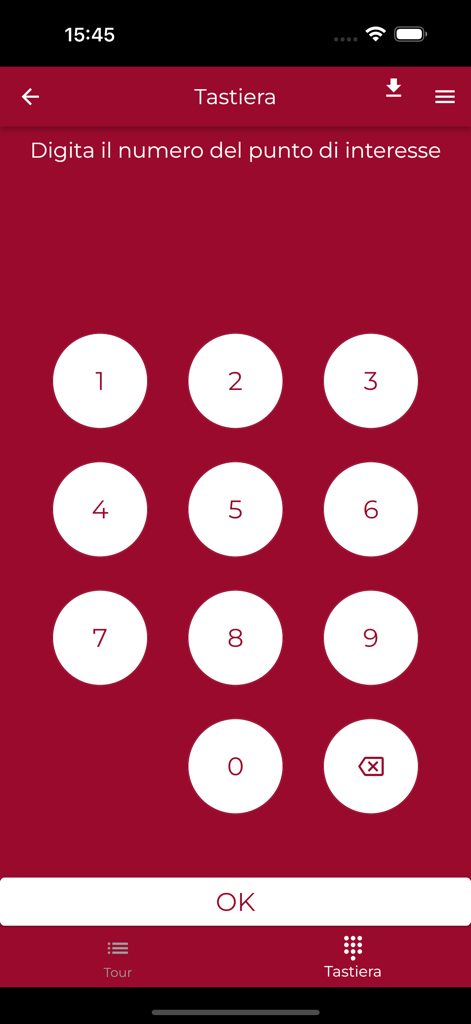 Ara Pacis Roma - Numeric keypad interface in the Ara Pacis Roma app for entering museum point of interest numbers