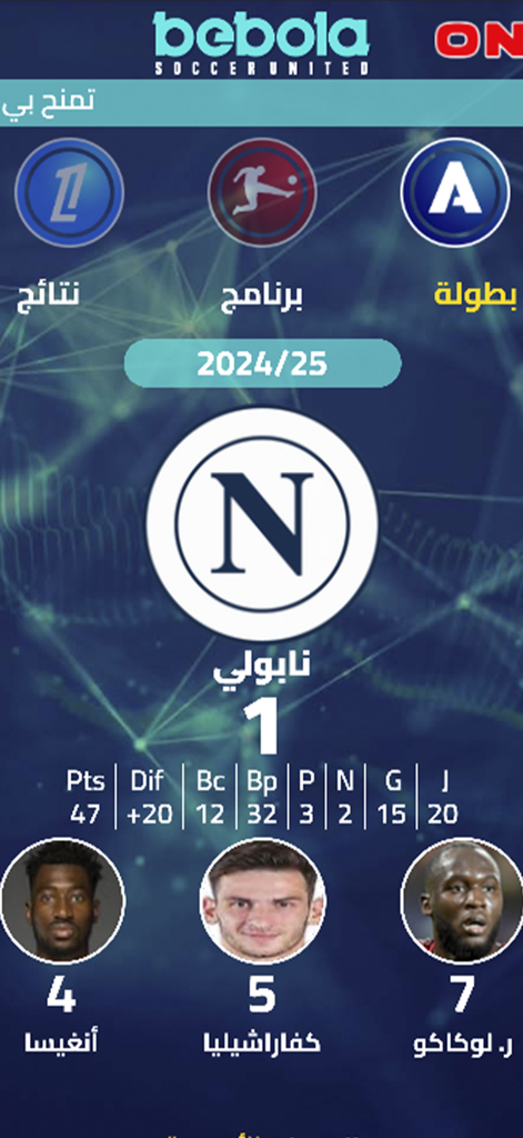 Bebola - Bebola mobile app screen showing football team statistics for Napoli with player profiles