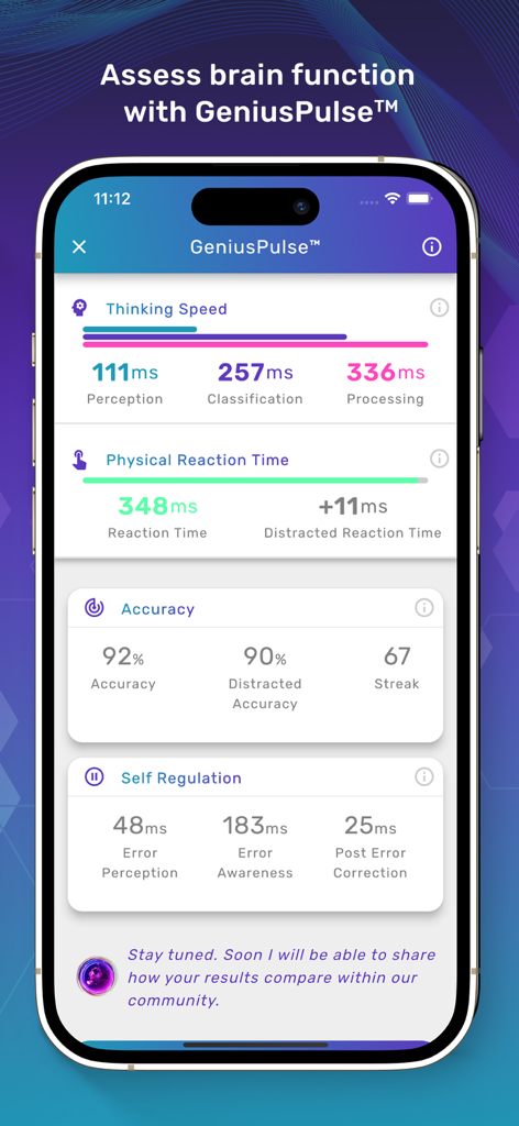 Sens.ai Brain Training - Sens.ai app dashboard showing GeniusPulse brain function metrics including thinking speed and reaction time.