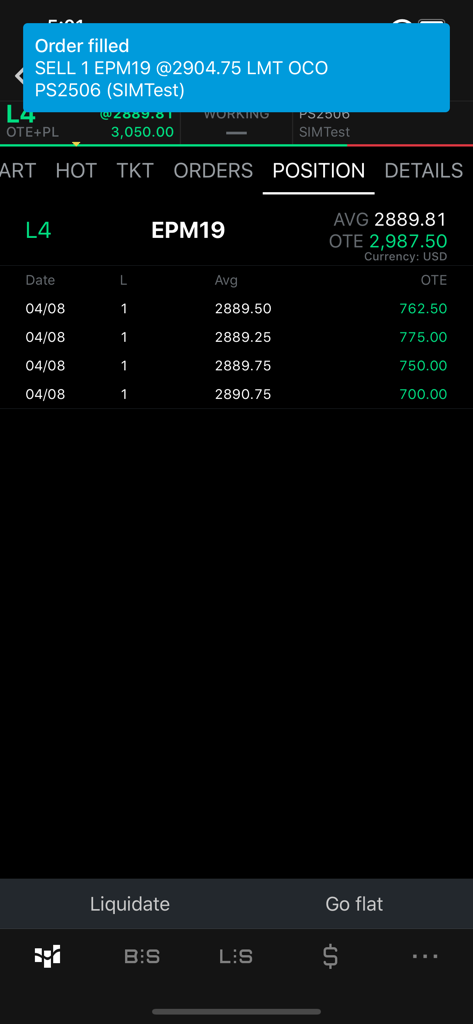 CQG mobile trading interface showing an order filled notification and detailed open positions list.