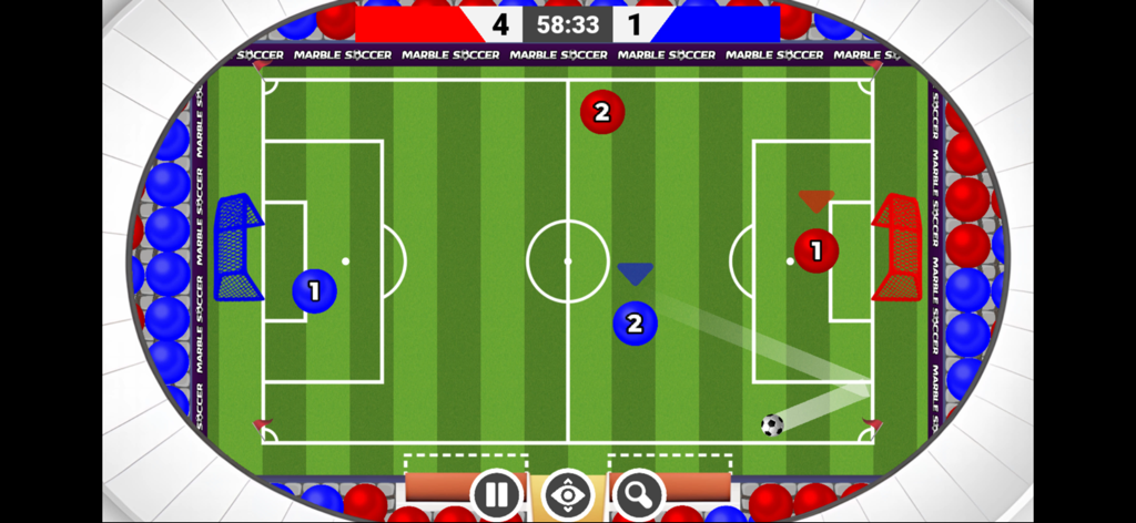 Marble Soccer - A top down view of a Marble Soccer match showing red and blue teams on a field