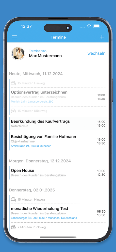 onOffice app screen displaying a real estate agent's daily schedule and appointments.