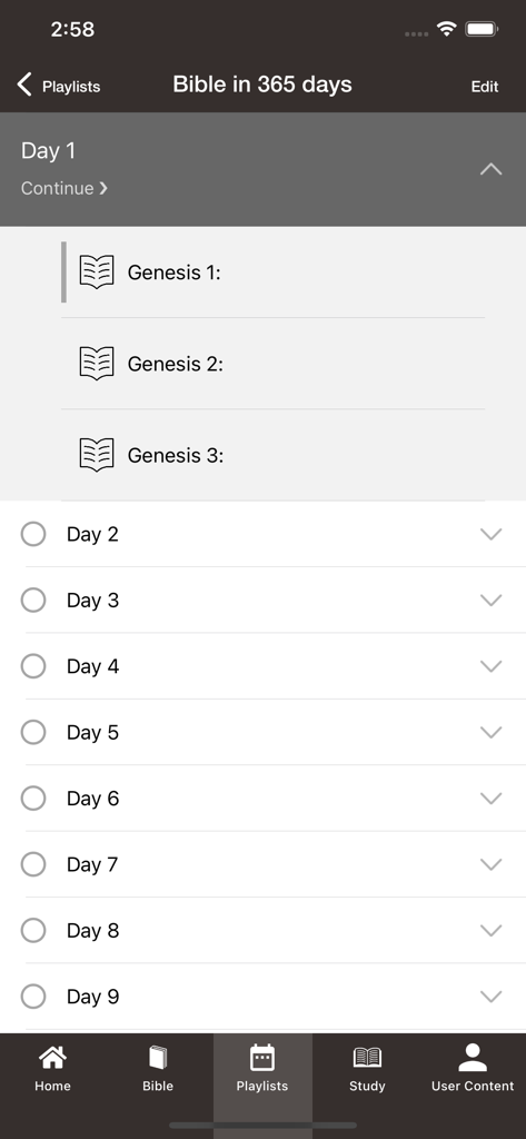 Bible - The Word of Promise® - Daily Bible reading plan interface in the Word of Promise app showing a 365 day schedule