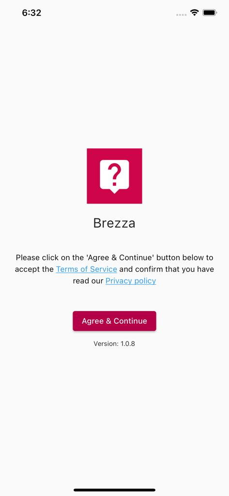 Brezza - Brezza app onboarding screen with logo and terms of service agreement button