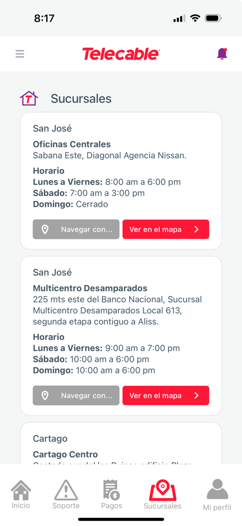 Interfaz de la aplicación de Telecable que muestra las ubicaciones de las sucursales y los horarios comerciales en Costa Rica.