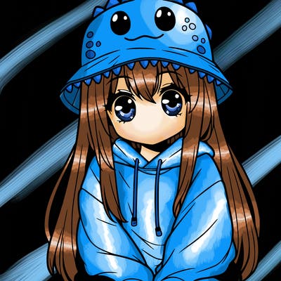 girl with anime shaped eyes with a dinosaur bucket hat oversized sweatshirt long straight hair