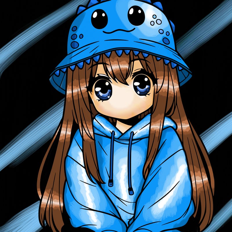 girl with anime shaped eyes with a dinosaur bucket hat oversized sweatshirt long straight hair