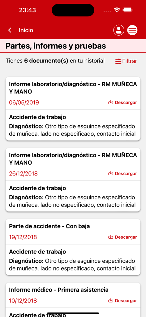 Liste des rapports médicaux et des documents relatifs aux accidents du travail dans l'application FREMAP Contigo